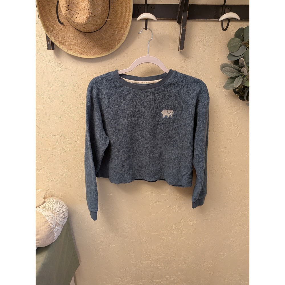Ivory Ella Cropped Fleece Pullover Sweatshirt Blue‎ Size S Elephant Logo